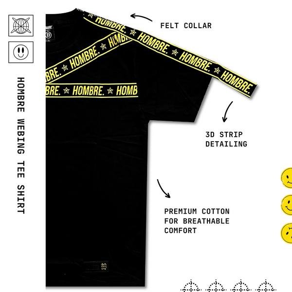 3D woven sleeve strip detail on Hombre Webbing black tee
