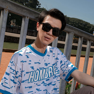 White oversized t-shirt with pixel-inspired blue glitch print, WeAreHombre Singapore