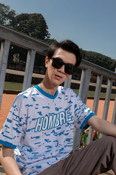 White oversized t-shirt with pixel-inspired blue glitch print, WeAreHombre Singapore