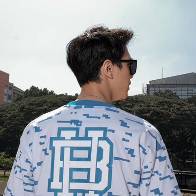 Model wearing Blueprint Glitch oversized tee, Singapore streetwear brand