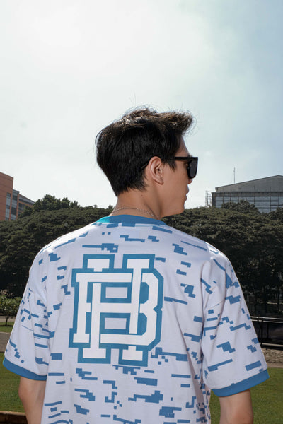 Model wearing Blueprint Glitch oversized tee, Singapore streetwear brand