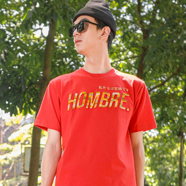 Red oversized t-shirt with embossed HOMBRE detail, WeAreHombre Singapore