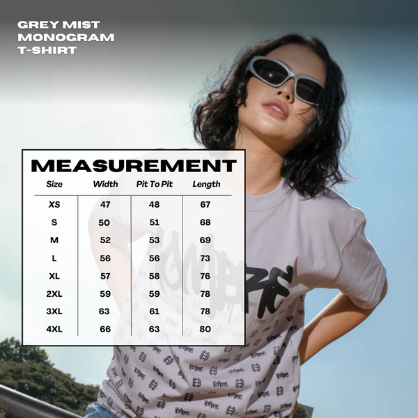 Grey Mist Monogram Tee size chart, Hombre Singapore