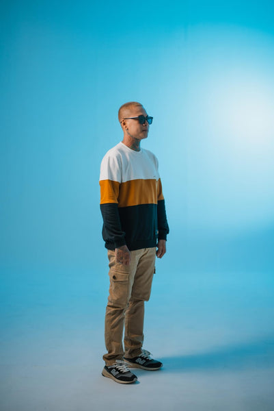 Blocked Crew Pullover back view, white mustard navy colour block