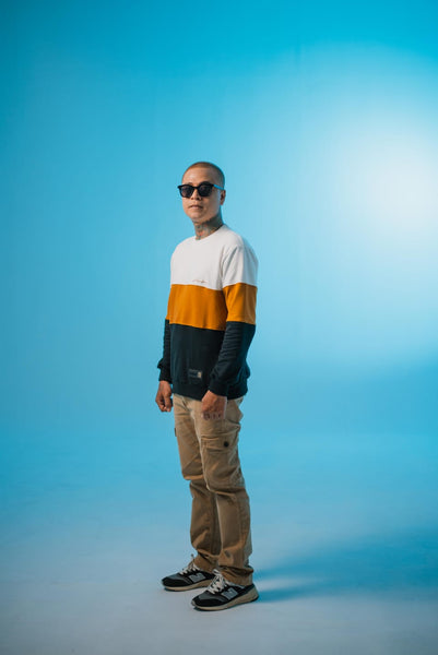Model wearing Blocked Crew Pullover, Singapore streetwear brand