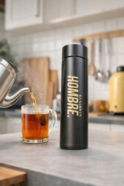 HOMBRE STAINLESS STEEL FLASK front view, Singapore streetwear