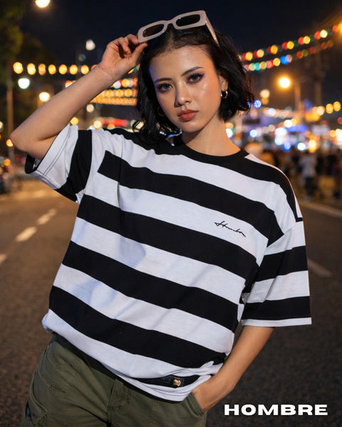 Model wearing STRIPE OVERSIZE T-SHIRT, Singapore streetwear brand