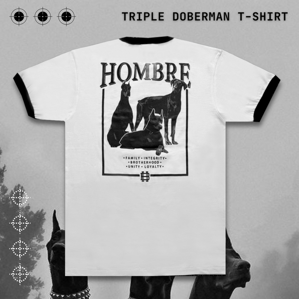 Close-up of Triple Doberman graphic print, WeAreHombre