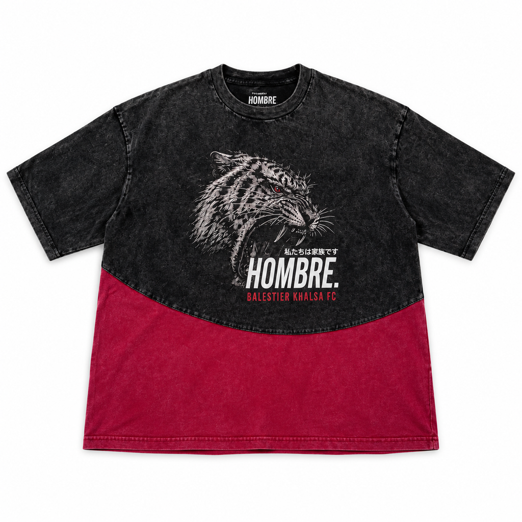 Front of HOMBRE x Balestier Khalsa FC Tiger Fury oversized washed tee, with roaring tiger print and a curved deep red lower panel