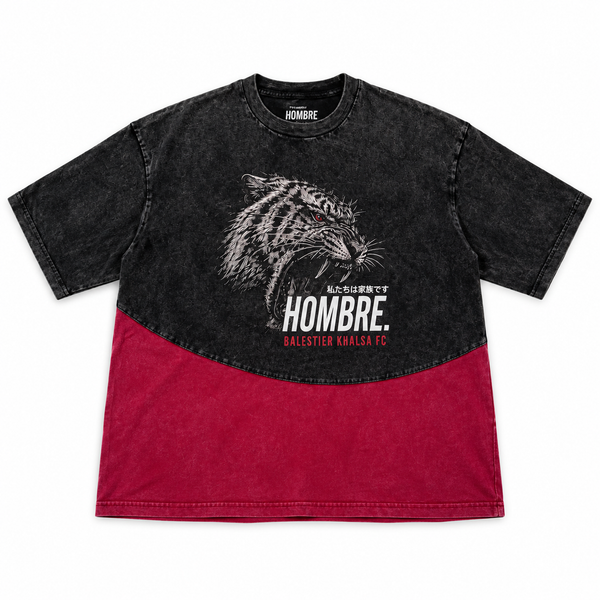 Front of HOMBRE x Balestier Khalsa FC Tiger Fury oversized washed tee, with roaring tiger print and a curved deep red lower panel